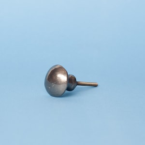 May include: A single, dark grey cabinet knob with a rounded, oval shape. The knob has a metallic finish and a threaded post for attachment. The background is a solid light blue.