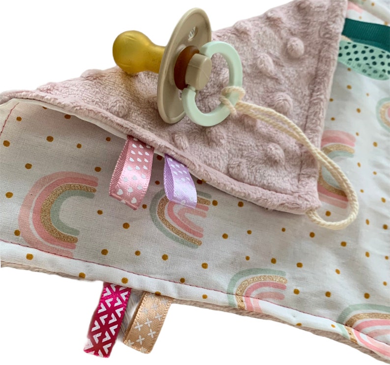 sensory toy taggy blanket green and golden rainbows and ribbons personalised newborn gift Personalisable lovey with pink