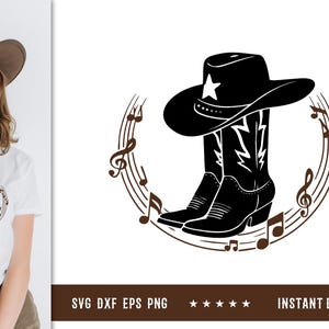 Könnte beinhalten: Schwarze Grafik eines Cowboyhuts und -stiefel mit einem Stern auf dem Hut, umgeben von Noten. Das Design hat ein Country- und Western-Thema. Das Bild eignet sich für Kleidung oder Heimdekoration.