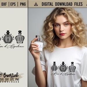 May include: A black and white graphic design of three perfume bottles with the text "Rive d'Opulence" underneath. The design is on a white t-shirt.