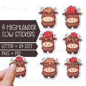 Highland cow sticker set, printable, PNG and PDF, instant download