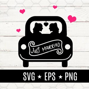 May include: Black silhouette of a car with a "Just Married" sign on the back. Two figures are in the car, and there are pink hearts around the car.