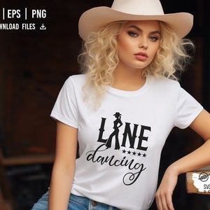 以下が含まれることがあります： 黒いシルエットの女性がラインダンスをしている白いTシャツで、テキストには「LINE dancing」と5つの星が書かれています。