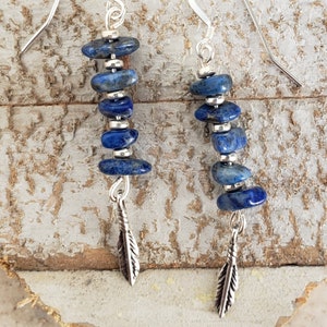 Dangle Drop Earrings with Blue Lapis Chip Beads and Antique Silver Feather Charm, Sterling Silver Ear Wires, Handmade