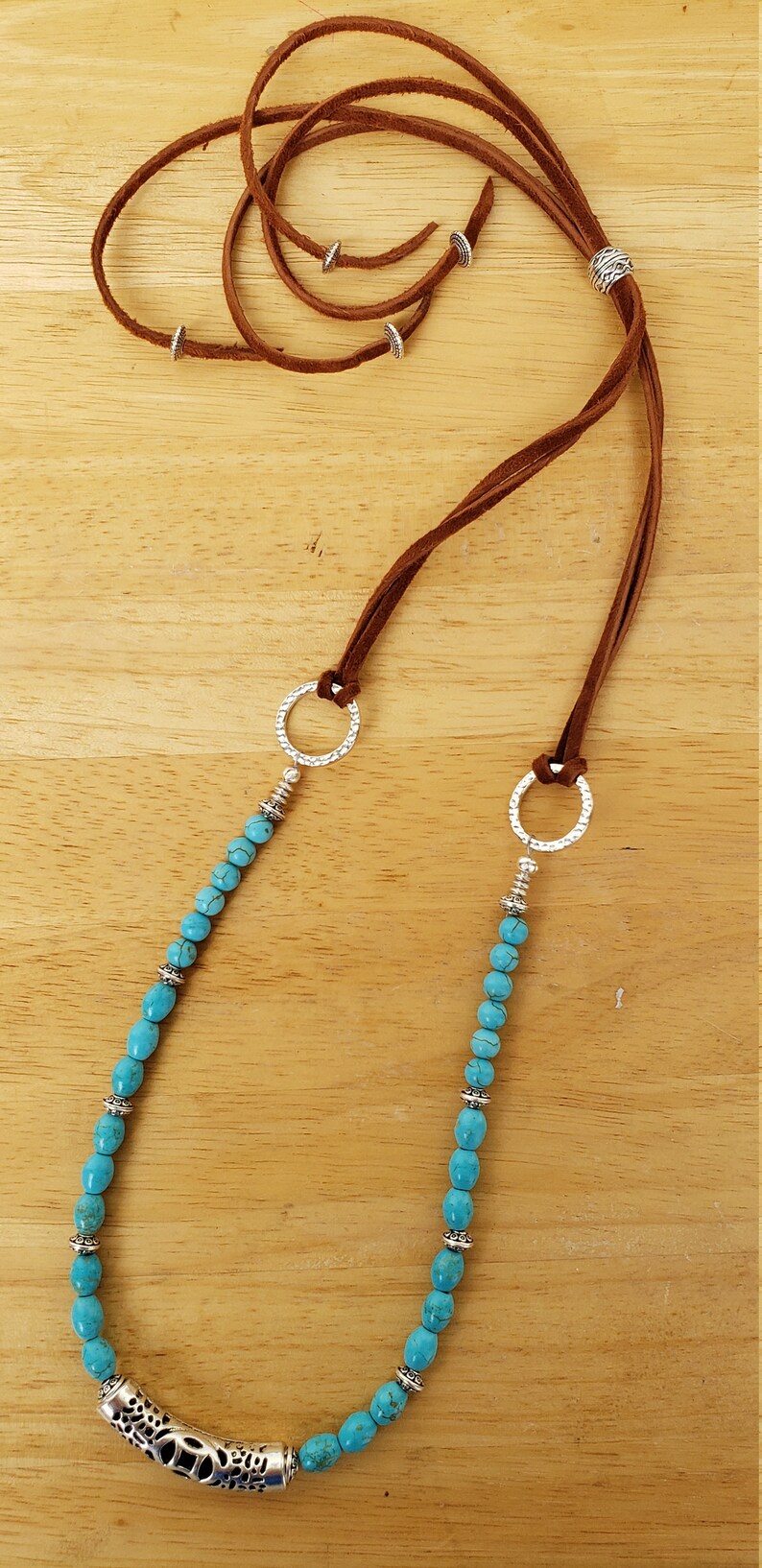 Handmade Center Bead Focal Point Adjustable Length Turquoise Color Beads Southwestern Style Leather Strap Necklace Pewter Bead Spacers