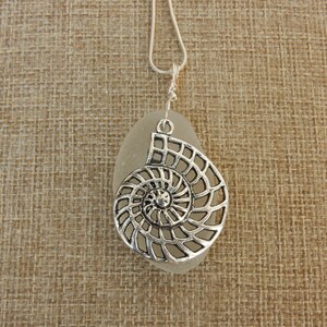 May include: A silver nautilus shell pendant on a silver chain, hanging from a light brown burlap background.
