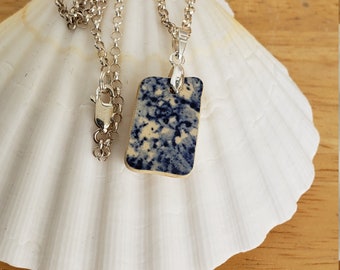 Sea Tossed Blue White Pottery Pendant Necklace, Sterling Silver Chain, Genuine Sea Pottery Pendant, Upcycled Jewelry, Pottery Shard Pendant