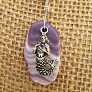 Wampum Shell Pendant with a Pewter Mermaid Charm, Hung on a .925 Silver Chain, Handmade.
