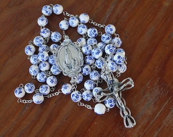 Rosary Beads, Blue Flower Custom