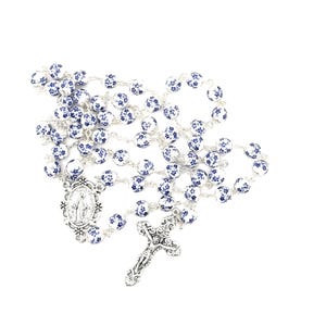 Handmade Rosary: Blue Flower Ceramic Beads, Miraculous Medal