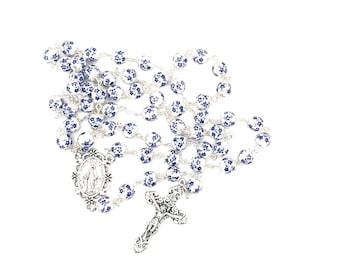 Handmade Rosary: Blue Flower Ceramic Beads, Miraculous Medal