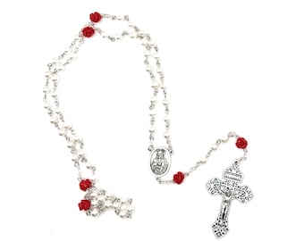 Handmade Rosary Beads: Sacred Heart, Red Roses, White Pearl Shell