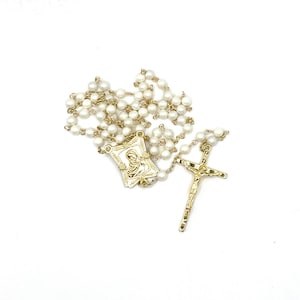 Rosary Beads, Holy Rosary, Gold tone Blessed Mother and Infant Jesus center with 6mm glass pearl Rosary beads