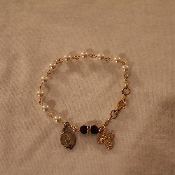One Decade Miraculous Medal Rosary Bracelet, purple crystals and Pearl shell beads