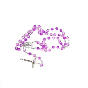Rosary Beads, Miraculous Medal purple and clear 8mm crackle Rosary Beads
