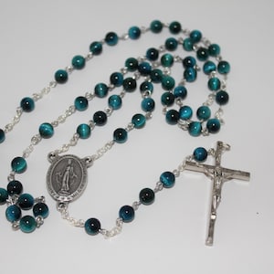 Most Holy Rosary Beads, 6mm Blue Tiger Eye Miraculous Medal Rosary