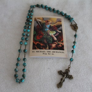 St. Michael Rosary Beads: Imperial Jasper Stone, Bronze Crucifix