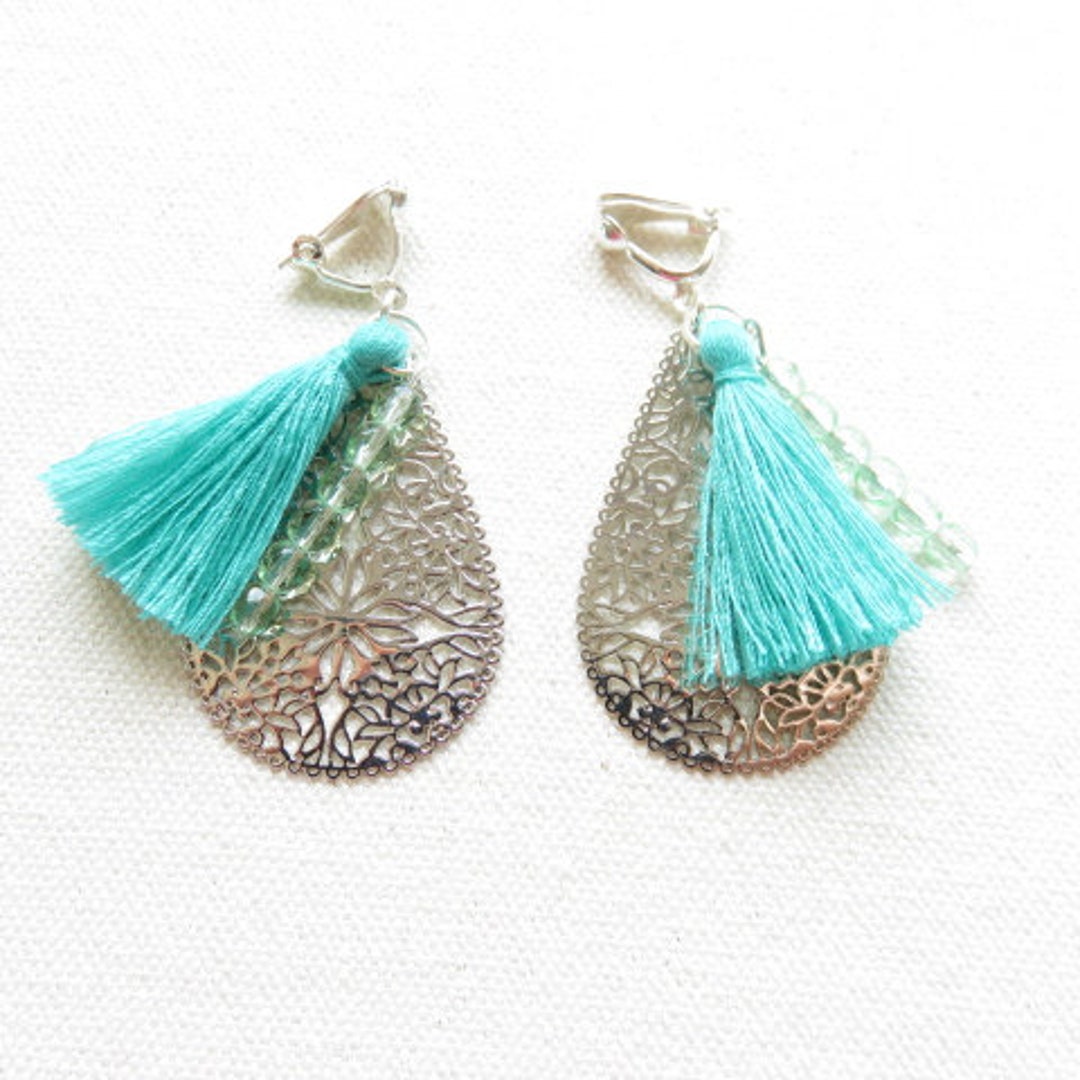 Boucles D'oreilles Clips à Pompons En Perles Vertes - Modèle J475 - Bon état D'usage