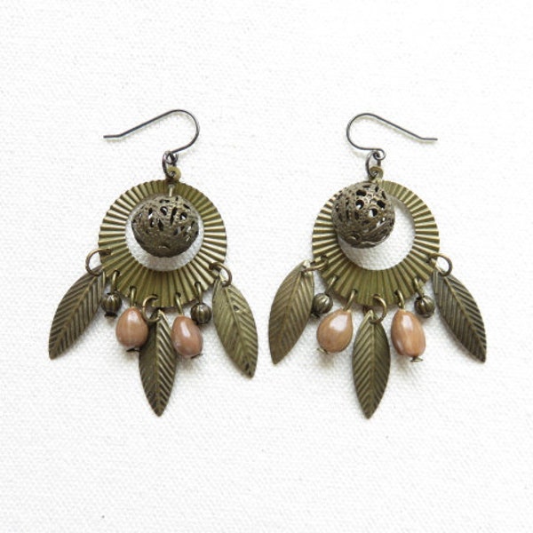 Boucle d'oreilles perles plumes bronze réf.17534