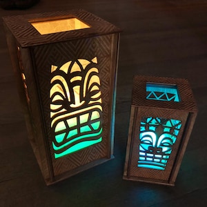 Linterna con máscara Tiki cortada y grabada con láser