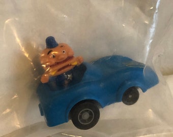 NIB McDonald Happy Meal gift - Mayor McCheese plastic pull car - hamburger 1980 souvenir - unwrapped toy // Made in China and Hong Kong