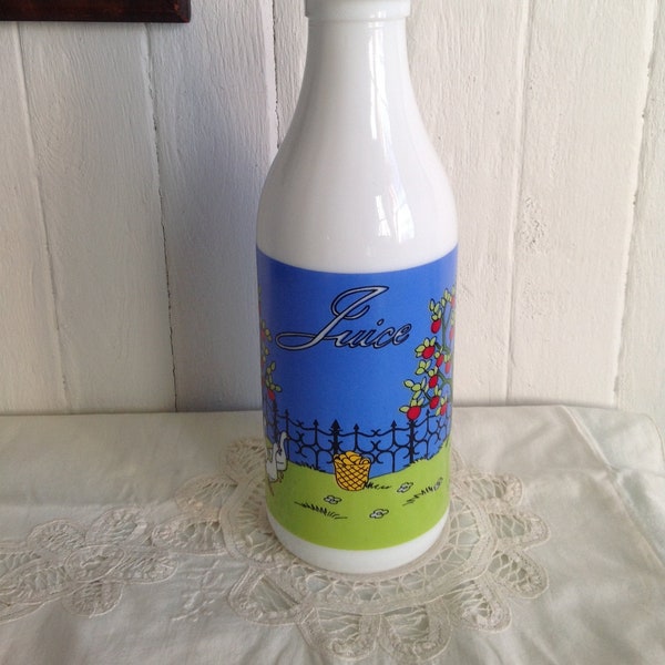 Carlton Glass juice vintage bottle milkglass orchard & cat pattern - milkglass milk bottle orchard and cat pattern - breakfast service
