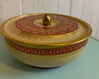 Vintage round metal tin gold and red - boite en métal ronde motifs de fleurs - collection - boite à biscuits - trinket souvenir gift tin