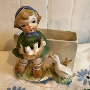 VTG Hummel-like planter young girl with ducks - farmer style figurine - baby shower gift - collection - hand painted - kitsch planter -