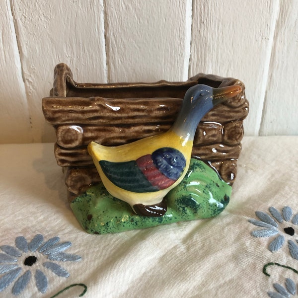 VTG Florart porcelain duck and manger planter - duck and trough - farmhouse decor - hand painted - plants and gardening // Made in Japan