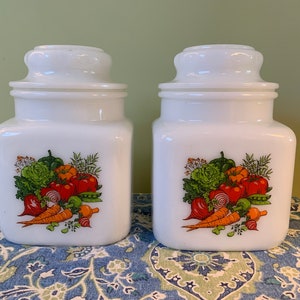 VTG milkglass canister cookie countertop jar duo vegetable decal pattern - storage container bin -