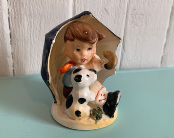 VTG Hummel-like Lipper Mann? figurine umbrella boy girl with puppy baby shower figurine gift collection hand painted // Made in Japan