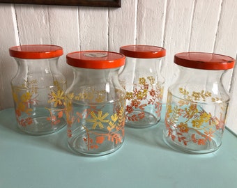 VTG Sanka instant coffee glass jar - orange pattern - stacking pot -