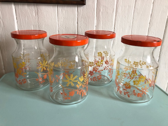 VTG Sanka instant coffee glass jar - orange pattern - stacking pot -