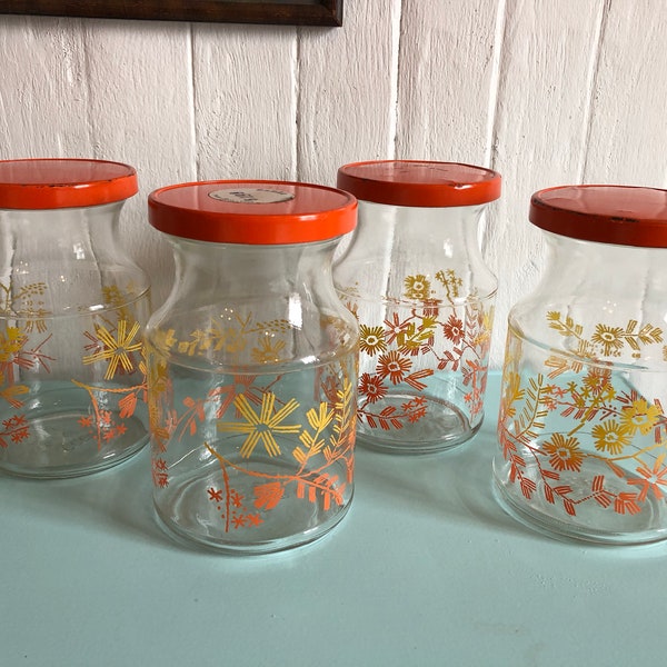 VTG Sanka instant coffee glass jar - orange pattern - stacking pot -