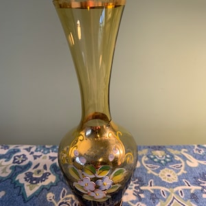 Boho amber gold with flower vase hand painted glass soliflore - shower gift - vase with hand painted flowers // Made in Europe