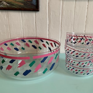 VTG hard plastic summer salad serving kit - 1980&#39;s colors beach house picnic kit - camping bowl kit - party dishes - eighties colors