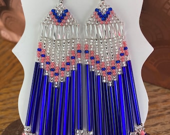 Pendientes con cuentas de plata/Cuentas largas de corneta azul