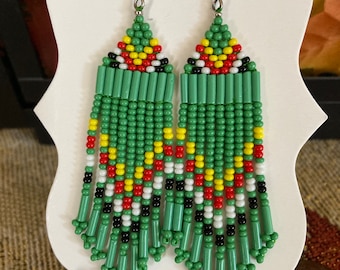 Native American Style Green Tone Seed Bead Earrings