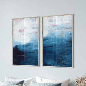 Extra Large Abstract Set of 2 Prints, Abstract Landscape Painting, Navy Blue Home Decor, Giclee made of Original Art