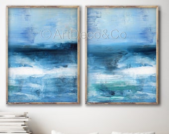 Pittura astratta acrilica indaco, set di 2 stampe, giclee di arte murale originale, paesaggio marino blu scuro, arte di riproduzione blu navy