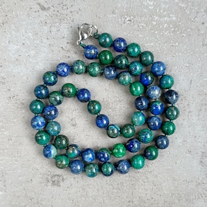 Lapis Lazuli Necklace, 8mm Blue Green Beaded Necklace, Hand Knoted Gemstone Necklaces for Men, Natural Lapis Lazuli Jewelry for Women