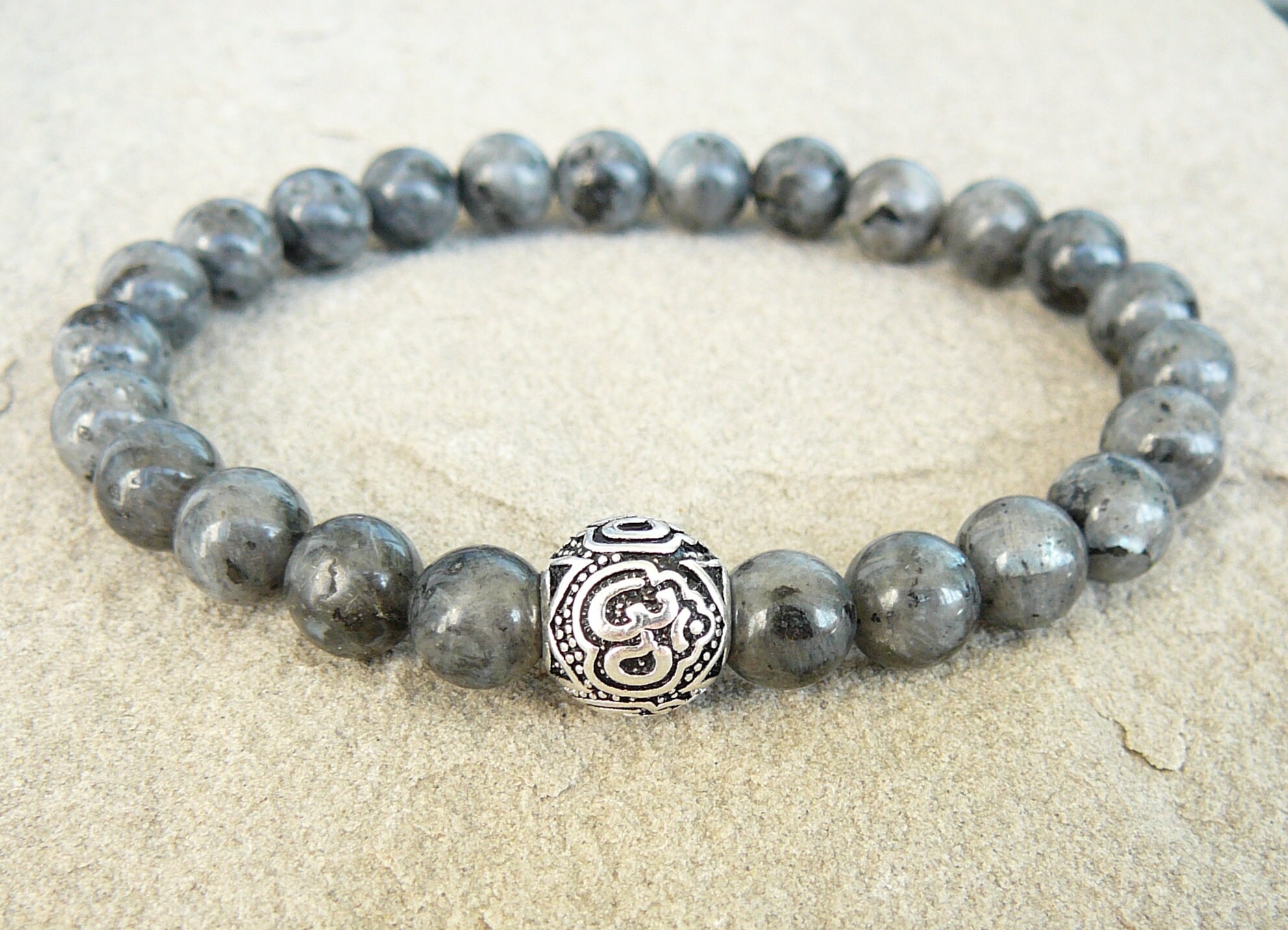 FAMA Mens Stretch Beaded Bracelet with Faceted Labradorite Beads 