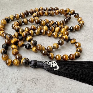 Tiger Eye Mala Necklace, Mens Beaded Necklace, 108 Mala Tiger&#39;s Eye Bead Necklaces, Mens Yoga Jewelry, Hand Knotted Necklace, Mens Yoga Gift