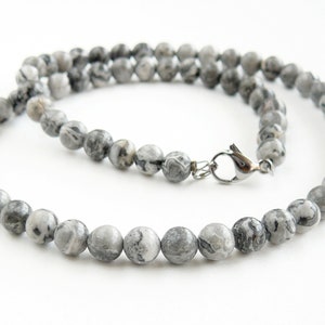 Gray Jasper Necklace, 6mm Grey Beaded Necklace for Man and Women, Fancy Jasper Jewelry, Picasso Jasper Gemstone Necklace,  Boyfriend Gift