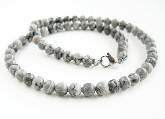 Gray Jasper Necklace, 6mm Grey Beaded Necklace for Man and Women, Fancy Jasper Jewelry, Picasso Jasper Gemstone Necklace,  Boyfriend Gift