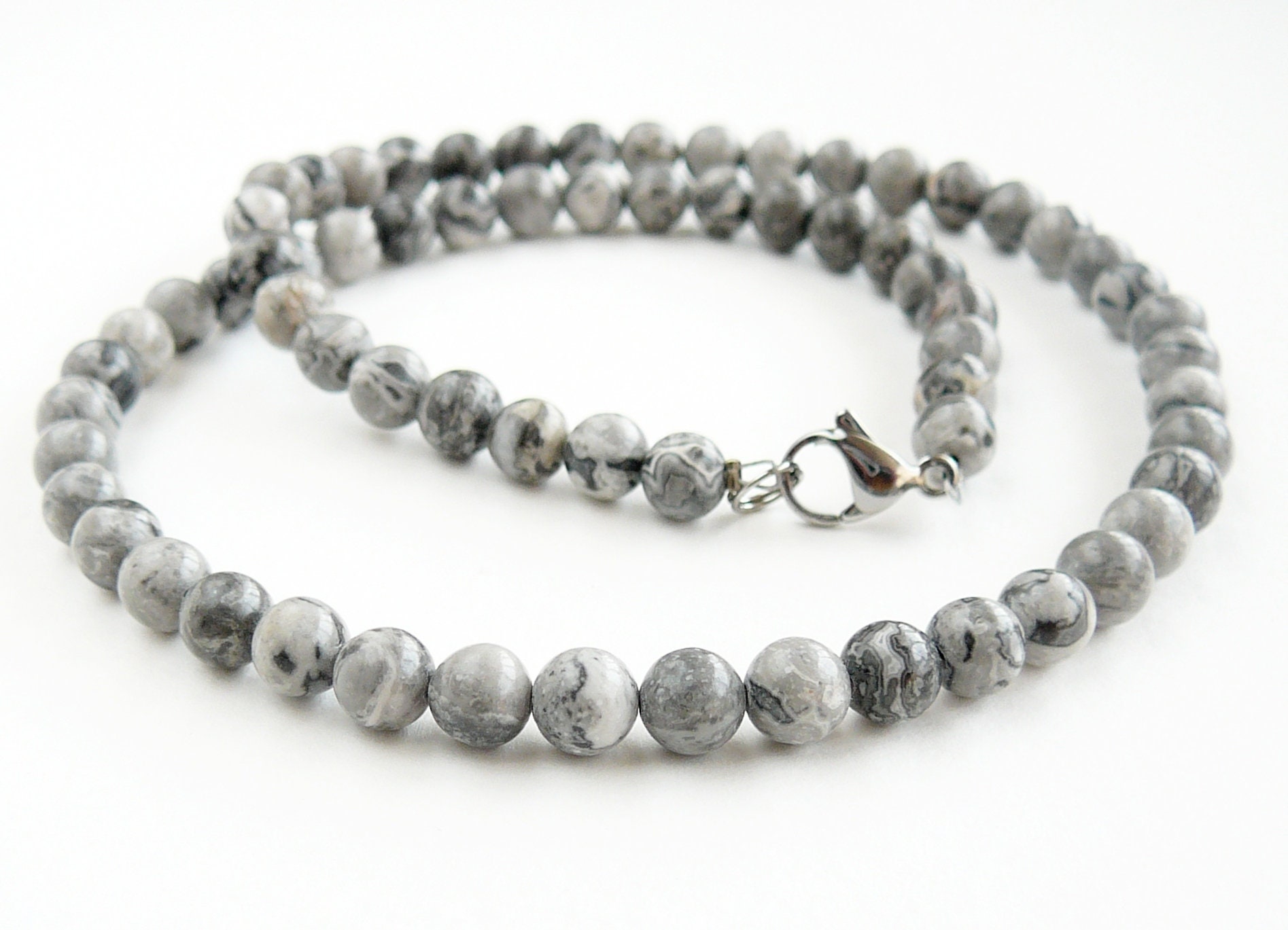 Gray Jasper Necklace, 6mm Grey Beaded Necklace for Man and Women, Fancy Jasper Jewelry, Picasso Jasper Gemstone Necklace,  Boyfriend Gift