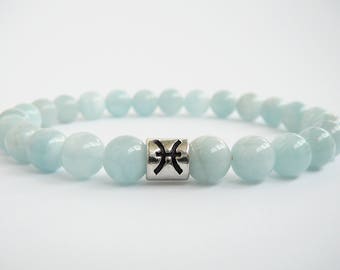 Aquamarin-Armband, Fische-Armband, Sternzeichen-Perlenarmband, März-Geburtsstein-Armband, Astrologie, Horoskop, Schmuck, Geschenk, echte Aquamarin-Perlen