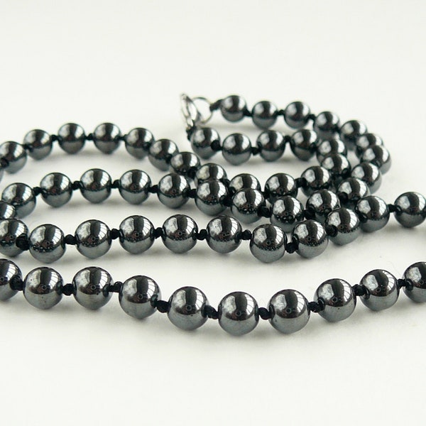 Hematite necklace 6mm hematite hand knotted bead necklaces for man silver hematite jewellery for mens gift dark gray necklace choker for men