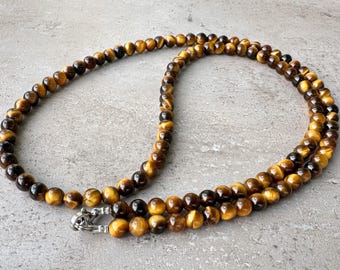 Tiger Eye Choker Necklace, 4mm Natural Gemstone Beaded Necklace, Boyfriend Gift, Tigers Bead Long Necklace for Men for Women Jewelry Gift