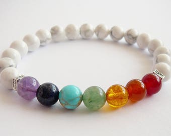 Chakra bracelet White howlite Mala bracelet 7 chakra Energy stones bracelet Yoga jewelry gift for women chakra jewelry for men and women